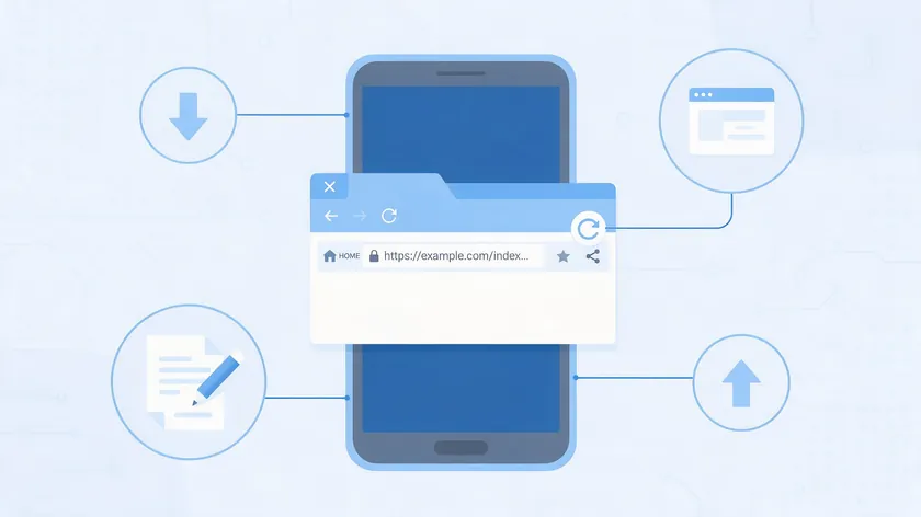 Illustration of the four steps in how to edit a PDF on Android from a mobile browser: open the browser, upload, edit, and download