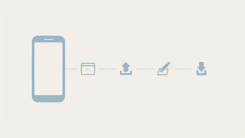 Illustration of the four steps in how to edit a PDF on iPhone from Safari: open the browser, upload, edit, and download