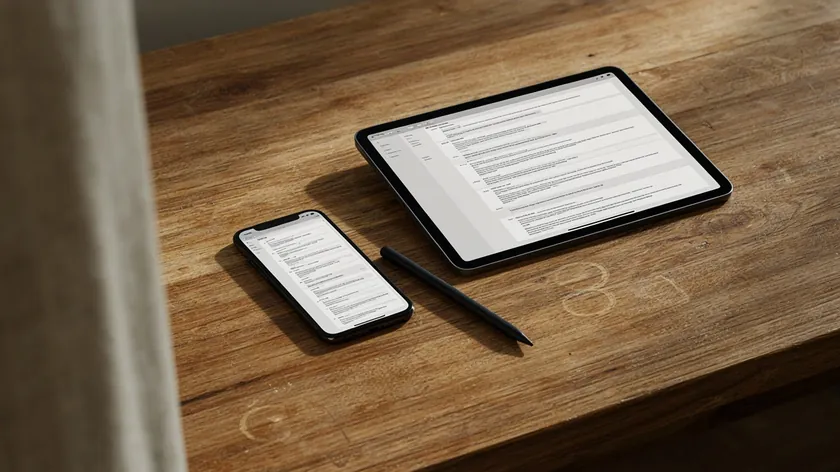 iPhone and iPad side by side on a desk showing the same document with a stylus nearby