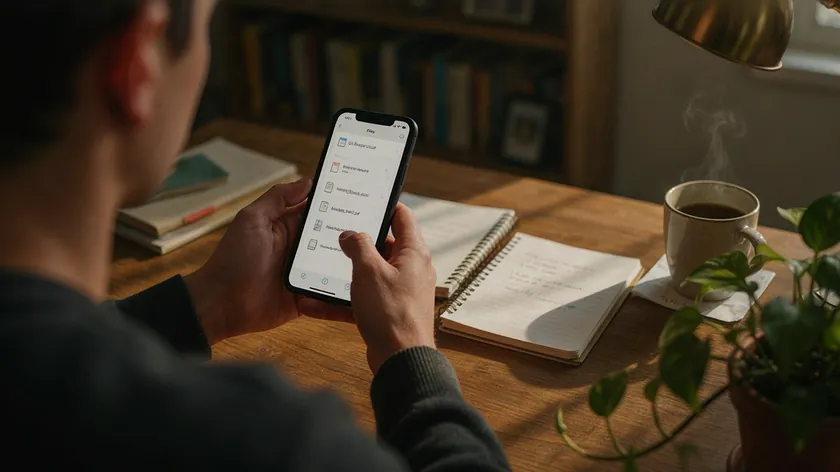 Person opening a document from a list of files on an iPhone at a desk