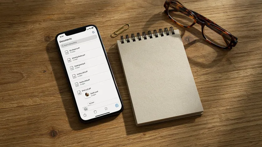 iPhone showing a folder of PDF files in a list on a wooden desk next to a notebook