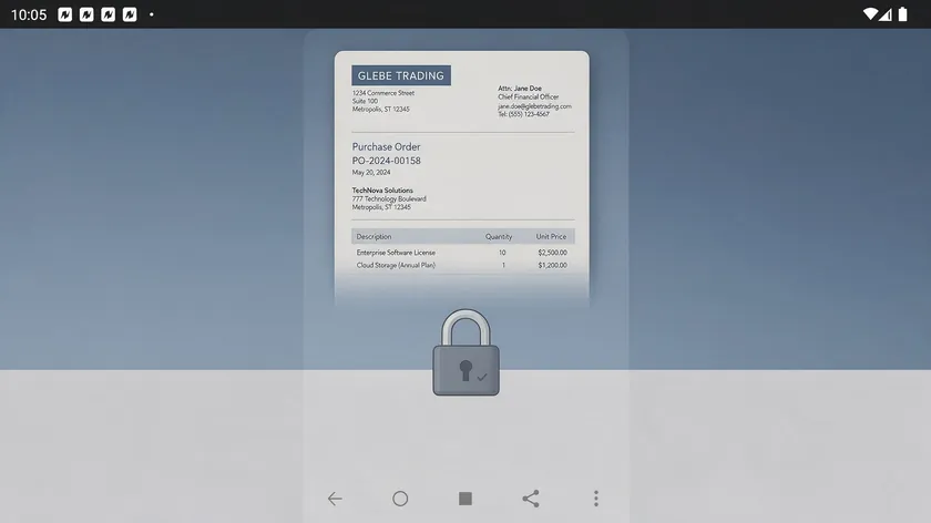 Scanned purchase order page on a phone screen with a padlock icon, showing a locked PDF that is hard to edit