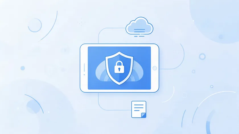 Illustration of a tablet with a shield and padlock connected to a cloud icon and a document, representing secure PDF storage