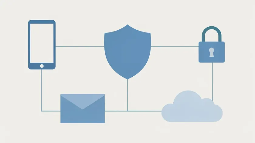 Illustration of a phone with a shield and padlock connected to an envelope icon and a cloud icon